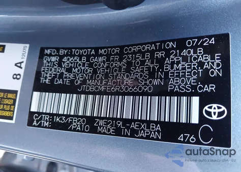 2024 Toyota Corolla Hybrid Le from USA, damaged, VIN JTDBCMFE6R3066090